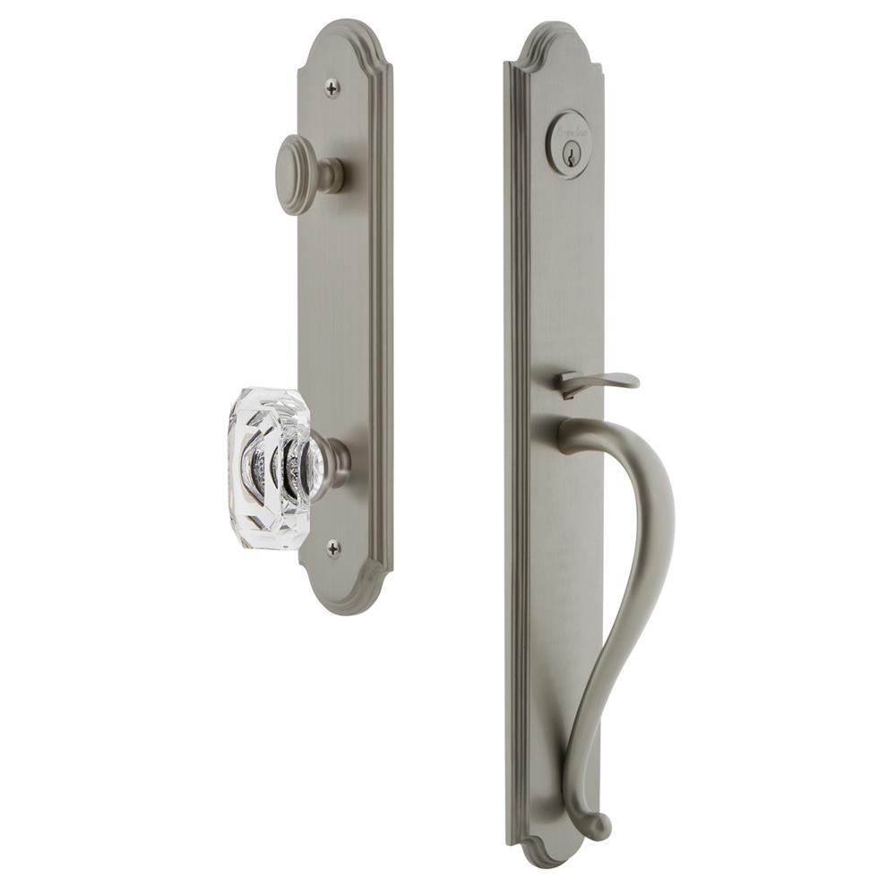 Grandeur by Nostalgic Warehouse ARCSGRBCC Arc One-Piece Handleset with S Grip and Baguette Clear Crystal Knob in Satin Nickel